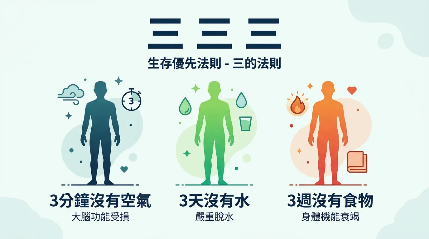 核心法則是：生存三三三原則（Rule of Threes，生存優先順序）