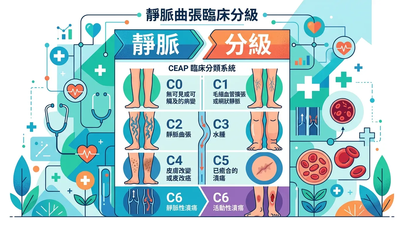快速摘要:靜脈曲張的臨床分級(CEAP,臨床嚴重度分級)